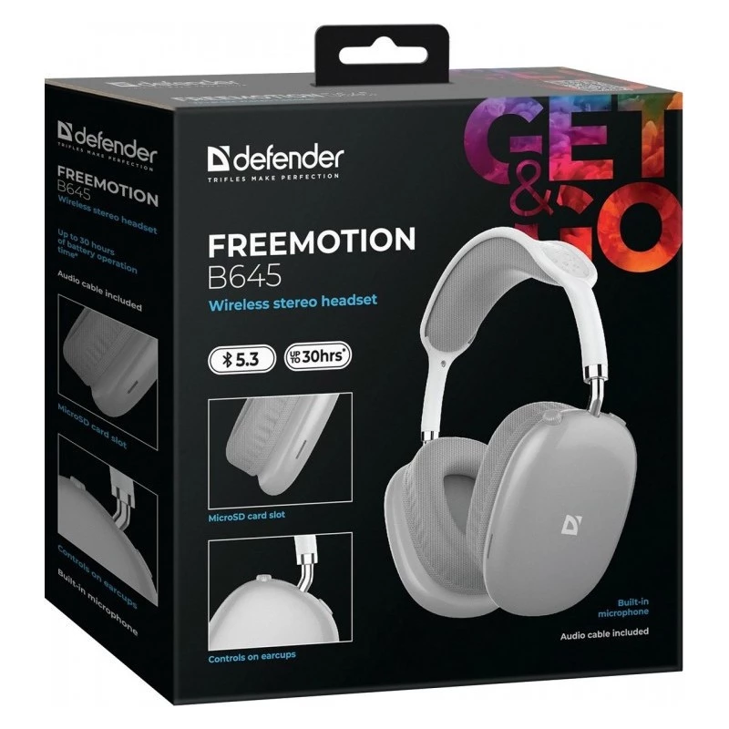 Bezprzewodowe słuchawki nauszne DEFENDER EEMOTION B645 — binauralne, USB-C, AUX, 20–20 000 Hz, czułość 105 dB