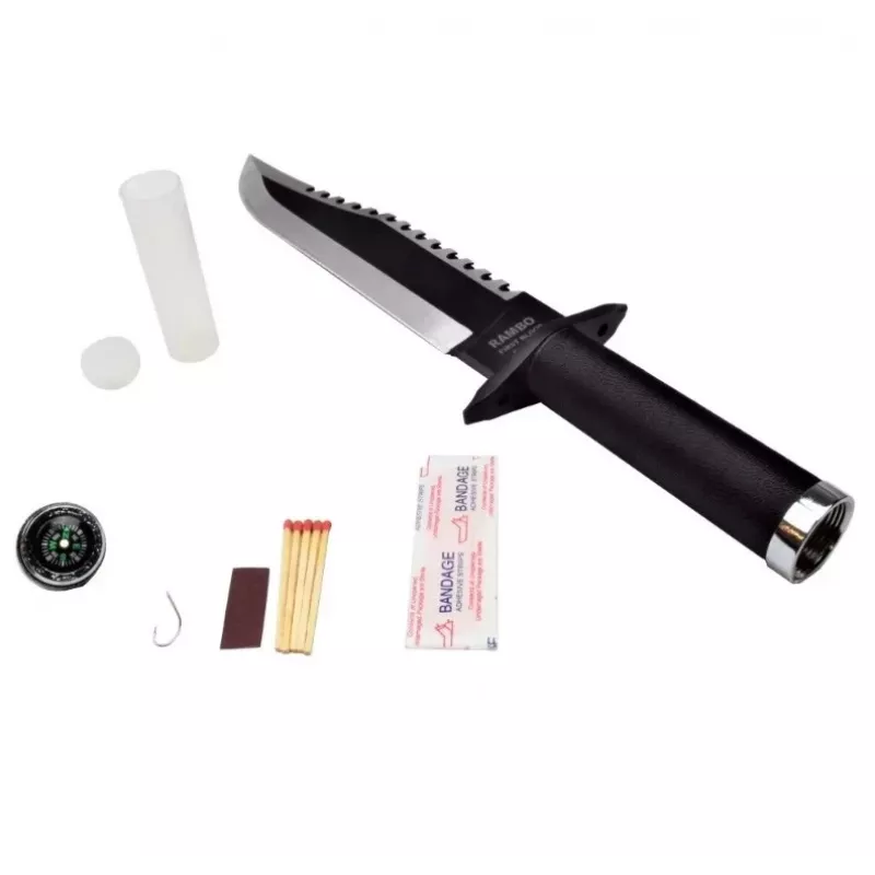 Stały nóż survivalowy cinema classic CC-H2 — 400 mm całkowita, 250 mm ostrze ze stali, gładkie i ząbkowane, czarna rękojeść, w zestawie skórzana pochwa