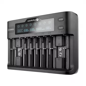Ładowarka do akumulatorów everActive UC-800 AC 12V 3A — do LiFePO4/LiPo/NiMH, obsługuje AA/AAA/9V, do 10 akumulatorów, wejście 12 V, wbudowany wyświetlacz, czarna