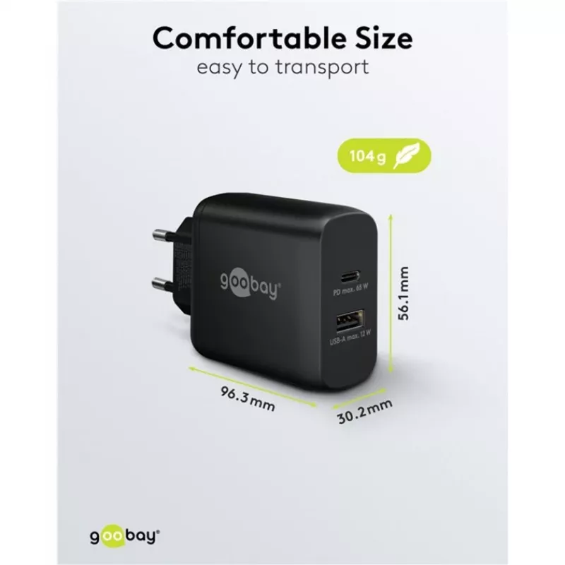 USB-C Dual-Fast Charger, PD, GaN, 65 W (czarny, 1x USB-C, 1x USB-A, Power Delivery)
