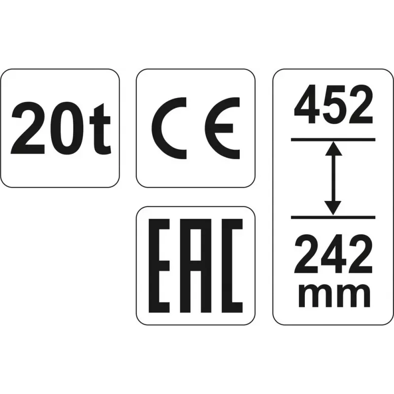 Podnośnik mechaniczny YATO YT-17007, udźwig 20 000 kg, wysokość podnoszenia 24,2–45,2 cm, tłok 150 mm, głowica Ø45 mm, waga 10,5 kg
