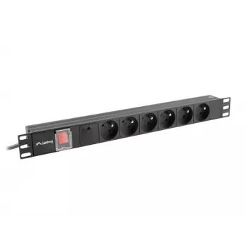 Jednostka dystrybucji zasilania LANBERG PDU-06E-0200-BK — 6 gniazd typu E, 16 A, kabel 2 m, 1U do szafy rack, 220–250 V