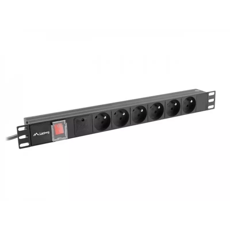 Jednostka dystrybucji zasilania LANBERG PDU-06E-0200-BK — 6 gniazd typu E, 16 A, kabel 2 m, 1U do szafy rack, 220–250 V