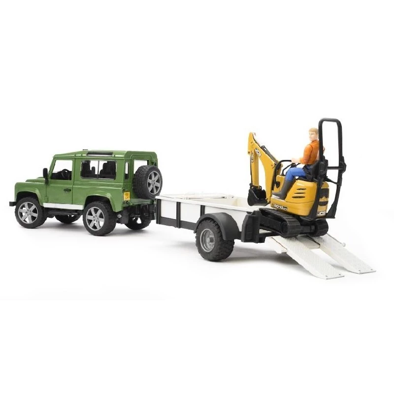 Pojazd zabawkowy BRUDER Land Rover Defender z przyczepą CAT i figurą