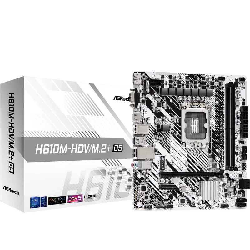 Płyta główna ASRock H610M-HDV/M.2+ D5 — Intel H610, LGA 1700, microATX, 2× DDR5 DIMM, M.2, HDMI 2.1, DP 1.4