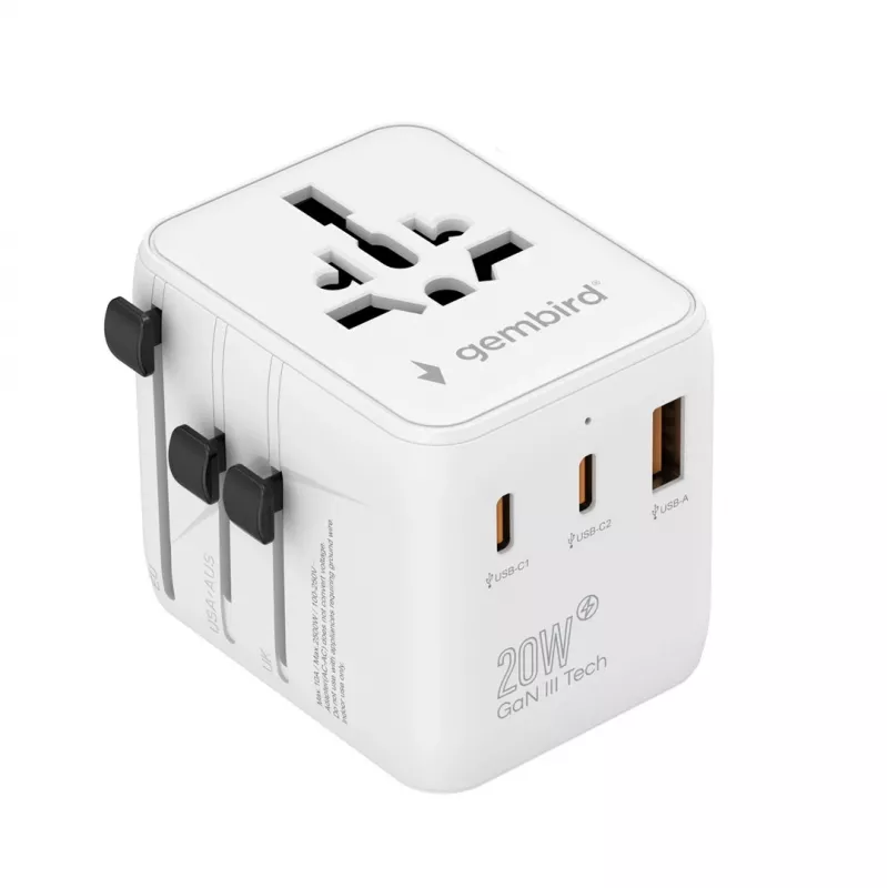 Podróżny zasilacz sieciowy GEMBIRD TPA-1A2C20-01-W — 20 W, USB-A (18 W) + 2× USB-C (20 W), wtyczka typu E, biały