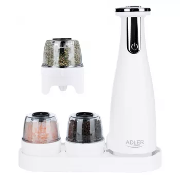 Zestaw młynków do soli i pieprzu Adler AD 4449W Steel biały, ceramiczny żarna, 150 ml, ładowanie USB-C
