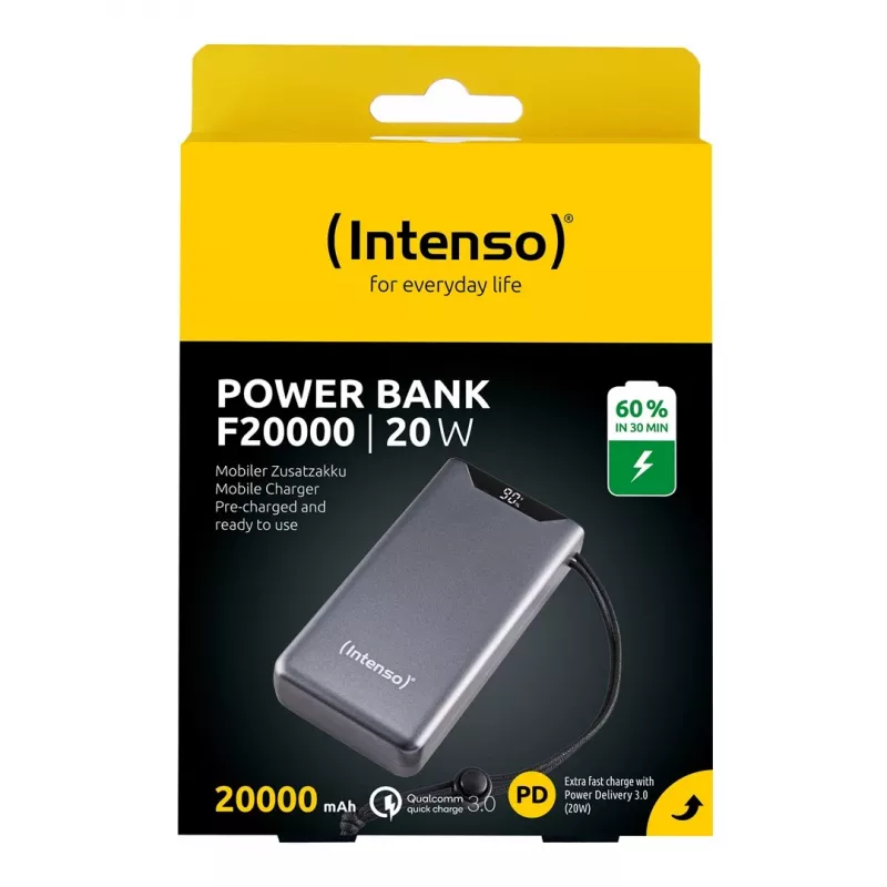 Power bank INTENSO 7332054 — 20000 mAh, PD 3.0 i QC 3.0, 20 W, USB-A + USB-C, szary