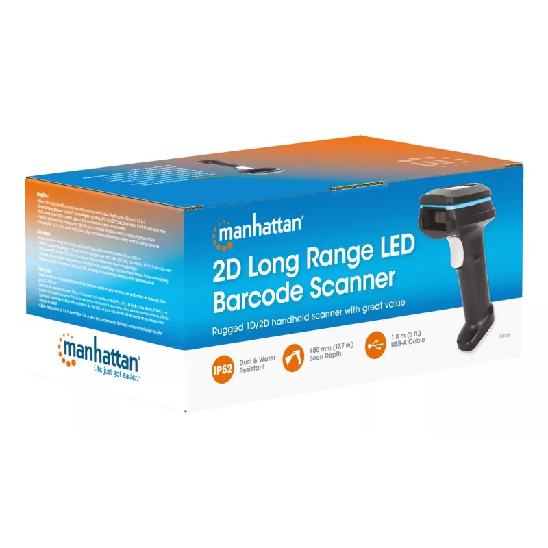 Manhattan 2D Long Range LED Barcode Scanner, USB, 450mm głębokość skanowania, maks. światło otoczenia 100 000 luksów (światło słoneczne), obsługuje symbologie - 1D (21 wersji) i 2D (10 wersji), kabel skanera RJ45 do USB 1,8 m (najpopularniejszy typ, czyli USB-A), czarny, 3 lata gwarancji