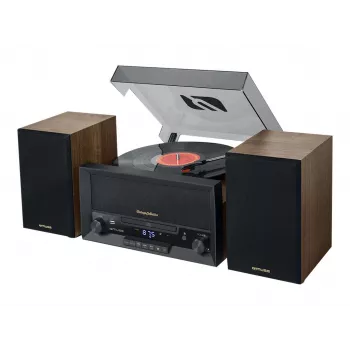 System midi do użytku domowego muse MT-120 MB — 20 W RMS, głośniki 2-drożne, AC 100–240 V 50/60 Hz, czarny/przezroczysty/drewniany