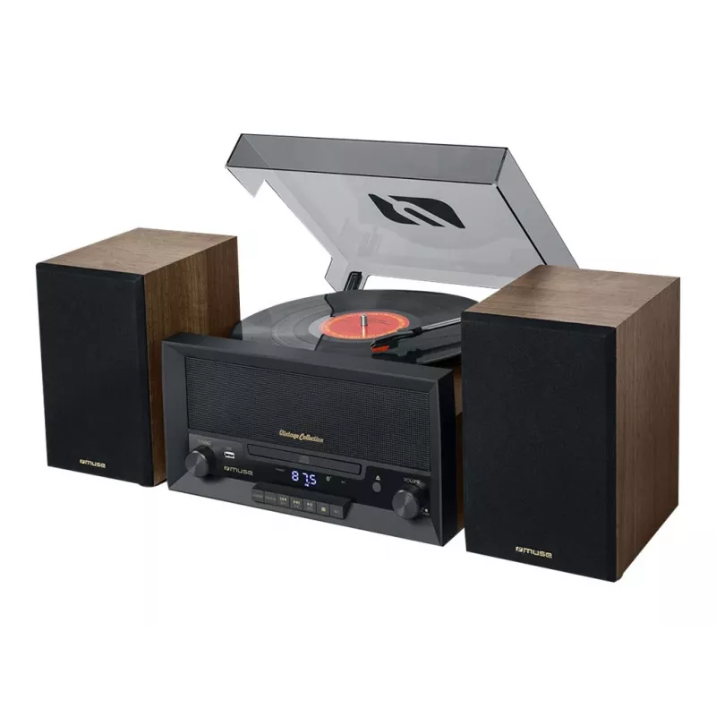 System midi do użytku domowego muse MT-120 MB — 20 W RMS, głośniki 2-drożne, AC 100–240 V 50/60 Hz, czarny/przezroczysty/drewniany