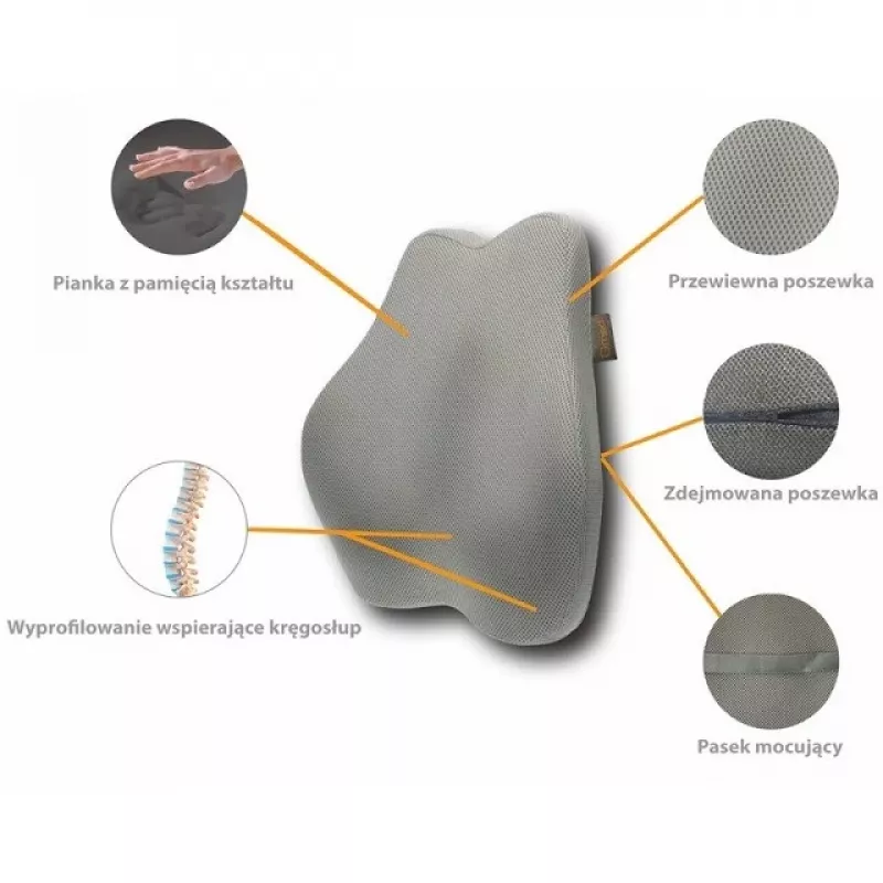 Poduszka lędźwiowa MDH DRQE3S0BBXUXP — ergonomiczna z pianki memory, 450×410×105 mm, gęstość 55 kg/m³, szara, pokrowiec w zestawie