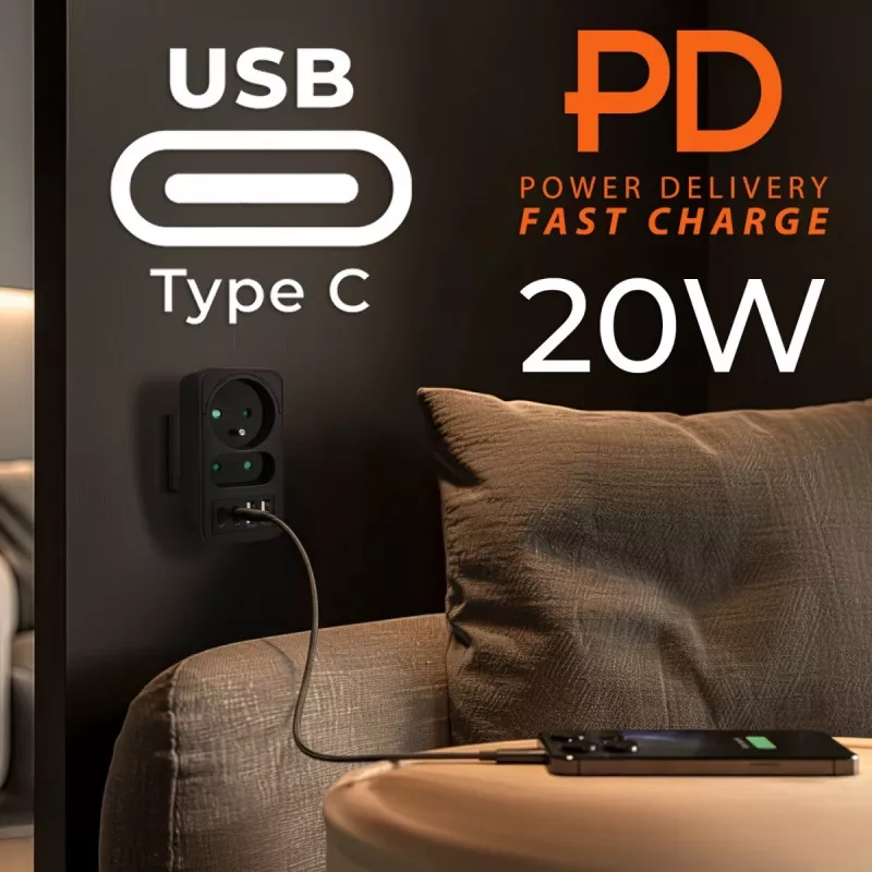 Rozgałęźnik zasilania MACLEAN MCE249 F/B — 2 gniazda AC (16A + 6A) z 2×USB-A i 2×USB-C PD 20W, wtyk EU, czarny