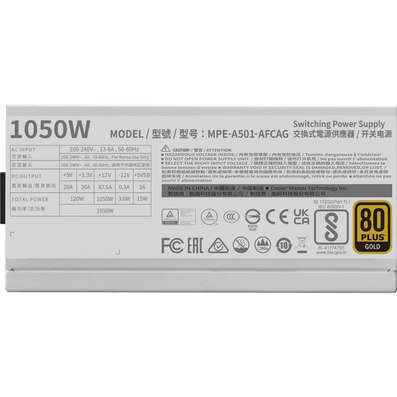Cooler Master MPE-A501-AFCAG-3EGEU MWE Gold 1050 V2 ATX3.1 Szary 1050W 90% Sprawność Typowa (MPE-A501-AFCAG-3EGEU)
