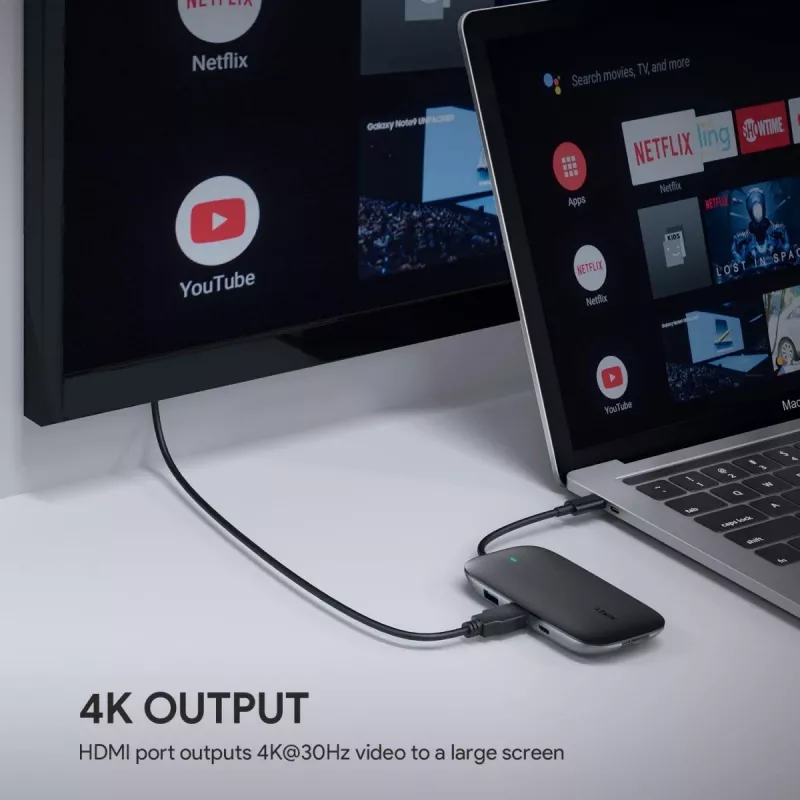 Stacja dokująca do laptopa AUKEY CB-C71 — 3x USB‑C (USB 3.2 Gen1), HDMI, RJ‑45, MicroSD, USB PD 100 W, kabel 0,15 m, czarna