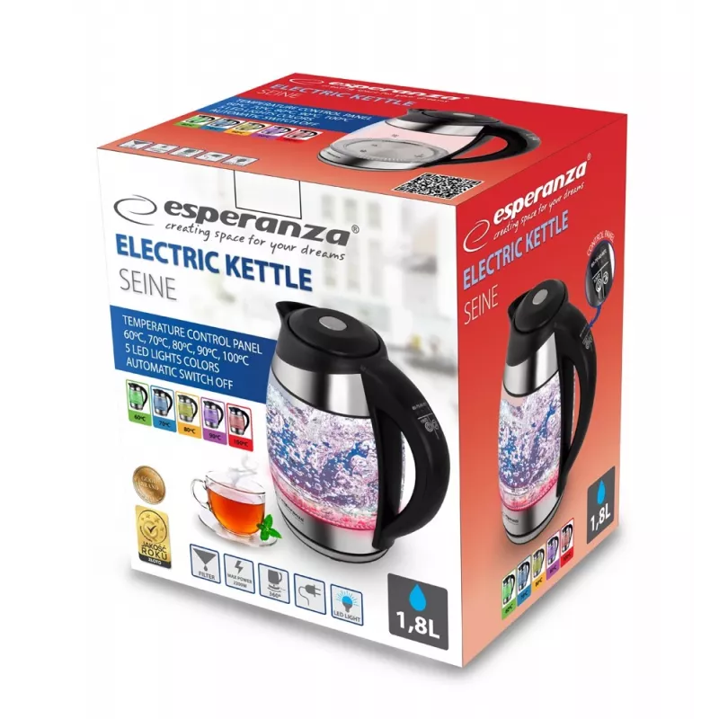 Czajnik elektryczny Esperanza EKK026 1,7 L 2200 W Czarny, Przezroczysty