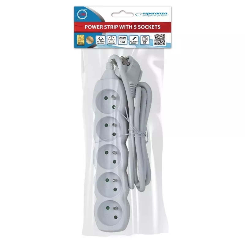 Listwa zasilająca ESPERANZA ELK207W — kabel 1,5 m, 5 gniazd AC typu E, do użytku wewnątrz pomieszczeń, 220–250 V