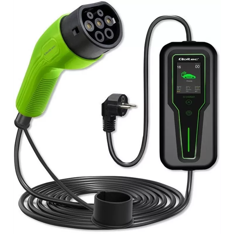 Qoltec 52465 Ładowarka mobilna do EV 2-w-1 Type2 z regulacją | 3,5kW | 230V | LCD | Przenośna | Wallbox | 5m