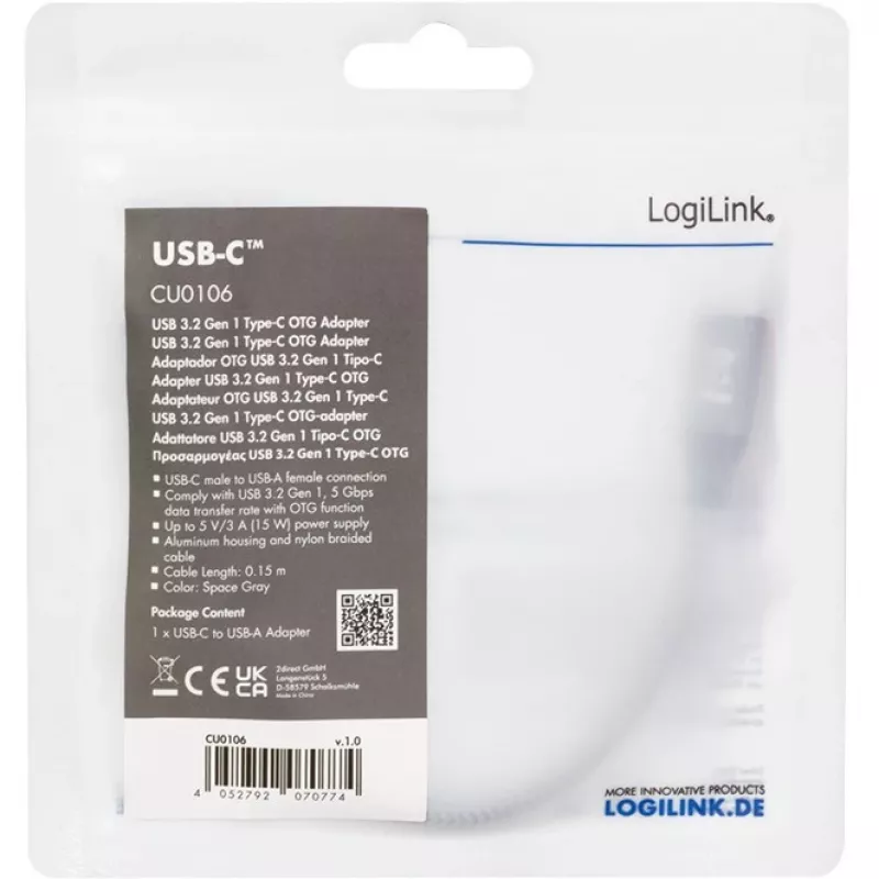 LogiLink USB 3.2 Gen1 adapter Type-C M na USB-A F OTG aluminiowy 0,15 m
