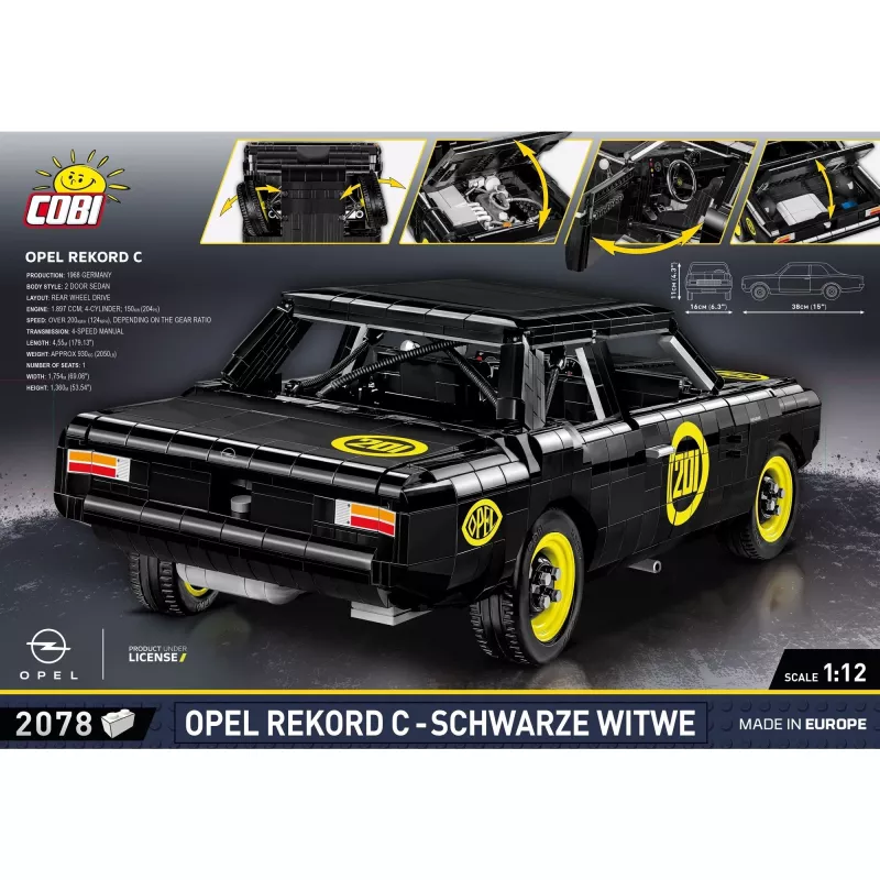 Zestaw konstrukcyjny Cobi Opel Rekord C, plastikowy model samochodu, 2078 elementów, wiek 10+