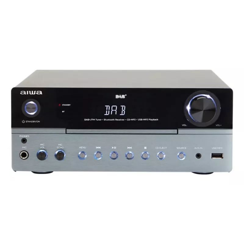 Domowy system audio mikro Aiwa MSBTU-700DAB — 25 W RMS, DAB+/FM, Bluetooth 10 m, CD w tacce, wyświetlacz LED, czarny/arktyczny niebieski