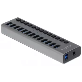 DeLOCK Zewnętrzny Hub USB 5 Gbps z 13 portami + przełącznik, USB 3.2 Gen 1 (3.1 Gen 1) Type-B, USB 3.2 Gen 1 (3.1 Gen 1) Type-A, 5000 Mbit/s, Szary, Aluminium, 1 m