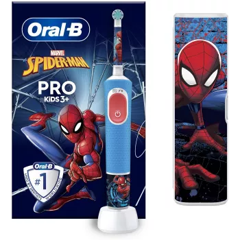 Szczoteczka elektryczna Oral-B Vitality PRO Kids Spiderman z etui podróżnym, ładowalna, dla dzieci, niebieska, liczba dołączonych końcówek: 1, liczba trybów szczotkowania