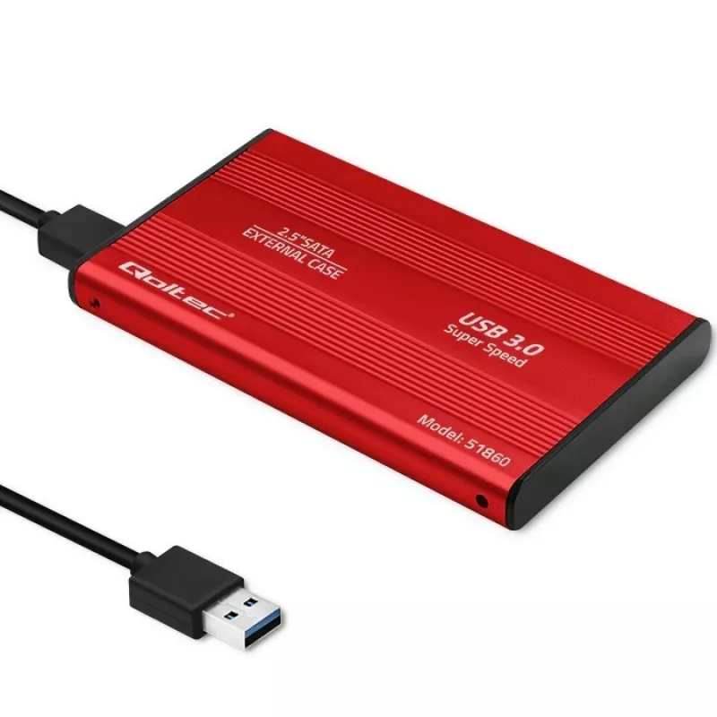 Obudowa HDD/SSD QOLTEC 51860 na dyski 2,5 cala SATA III, USB Type-A, 5 Gbit/s, aluminium, czerwona