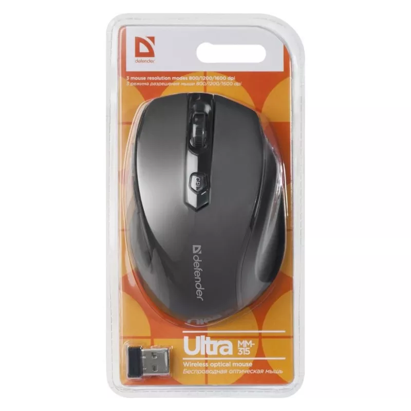 Bezprzewodowa optyczna mysz praworęczna DEFENDER ULTRA MM-315 — 1600 DPI, 6 przycisków, odbiornik USB, czarna