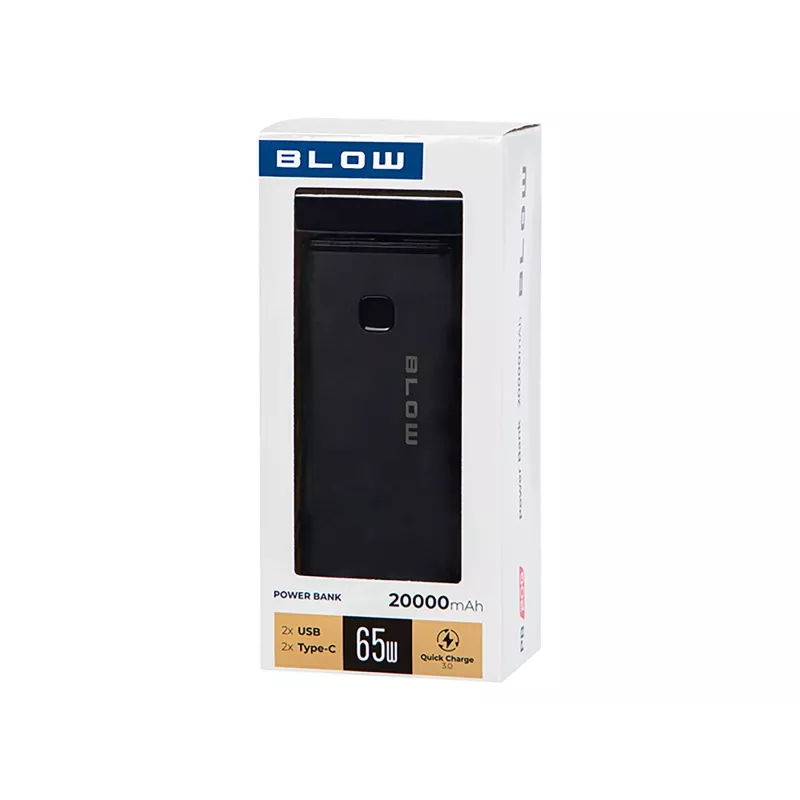 Przenośny powerbank BLOW PB20G 20000mAh PD 65W, wejście/wyjście USB-C, 2 wyjścia USB-A, czarny