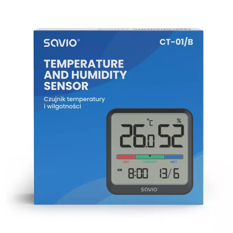 Wewnętrzny czujnik temperatury i wilgotności SAVIO CT-01/B wolnostojący, LCD, -10–55°C, 10–99% RH, CR2032