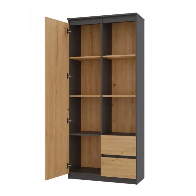 Top e Shop RS-80 BILY regał biurowy, antracytowa rama, drzwi dąb artisan, 7 półek, 2 szuflady, 1800×800×350 mm