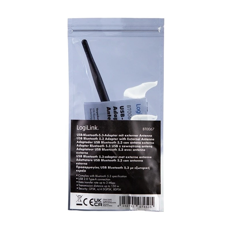 LogiLink USB - Bluetooth 5.3 Adapter mit Antenne, schwarz Reichweite: 150 m, Anschluss: USB-A Stecker, Bluetooth & - 1 Stück (BT0067)