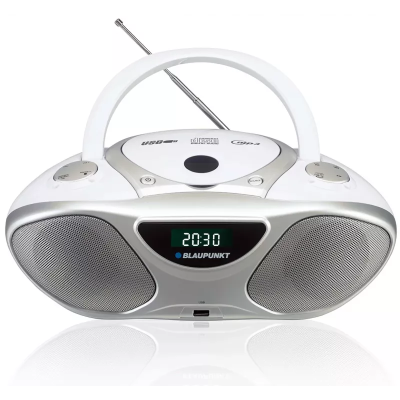 Odtwarzacz CD BLAUPUNKT BB14WH — odtwarzacz CD z odtwarzaniem MP3, USB, LCD, zegarem, głośnikami 2x1 W, srebrny/biały