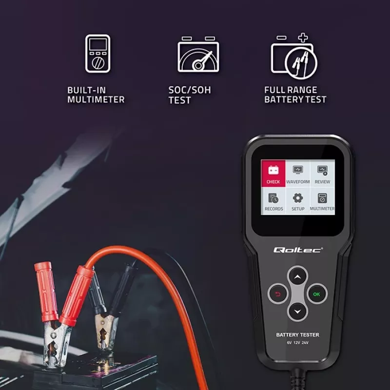 Qoltec 52489 Cyfrowy Analizator Akumulatorów 3 w 1 z Wyświetlaczem LCD i Wielojęzycznym Interfejsem 6V | 12V | 24V | 30Ah-200Ah
