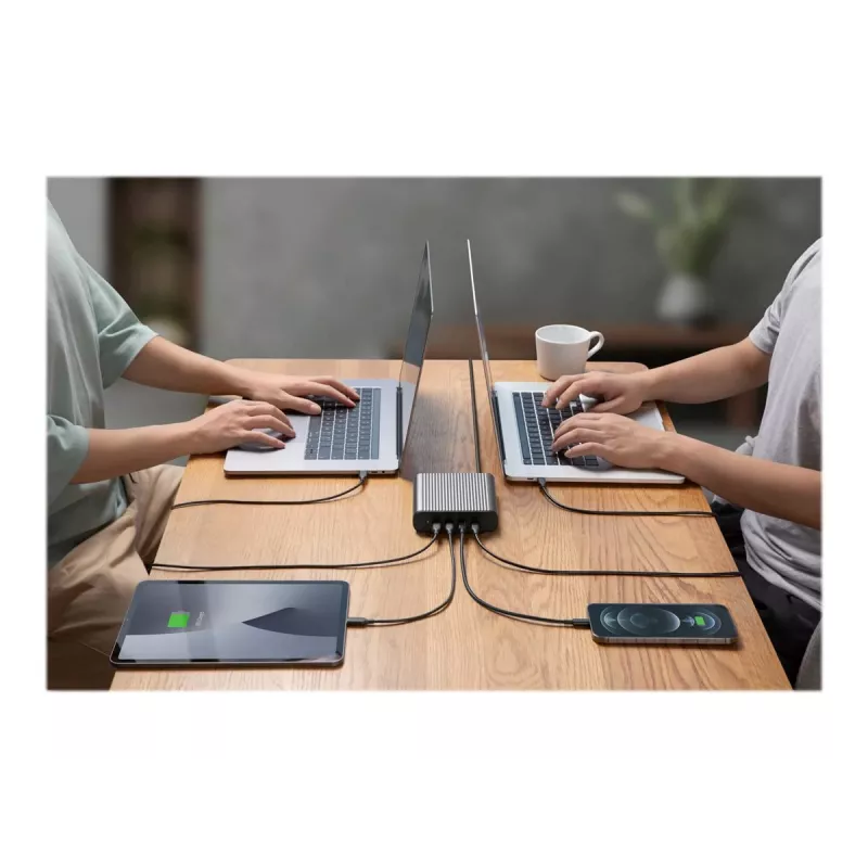 Ładowarka biurkowa HYPER 245W GaN do laptopa, smartfona, tabletu, czarna, srebrna, AC, szybkie ładowanie, do użytku wewnętrznego