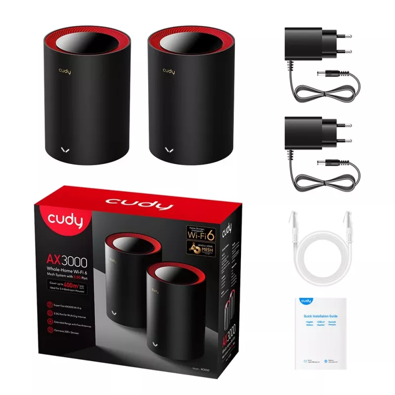 Cudy M3000 2-Pack Dwuzakresowy (2.4 GHz / 5 GHz) Wi-Fi 6 (802.11ax) Czarny, Czerwony 1 Wewnętrzna