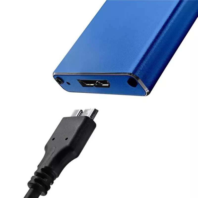Obudowa SSD QOLTEC 51832 — zewnętrzna M.2 SATA, USB 3.0, do 2 TB, niebieska, obsługuje dyski 30 mm, 4 gniazda