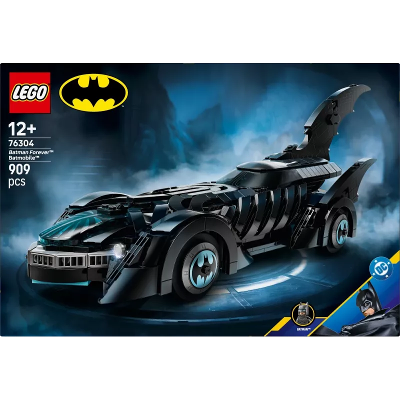 Zestaw konstrukcyjny LEGO DC Super Heroes Batman Forever Batmobile 76304 — 909 elementów, 1 minifigurka, zalecany wiek 12+