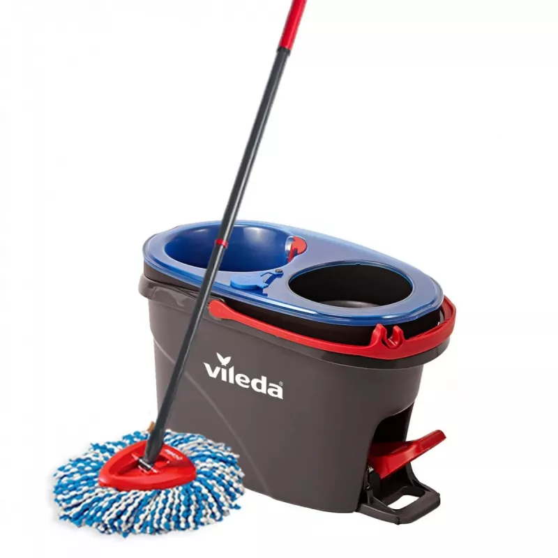 Mop do podłogi VILEDA z mikrofibry 320 mm, uchwyt teleskopowy 55–123 cm, zmywalny, głowica obrotowa 360°, czarny/niebieski/czerwony