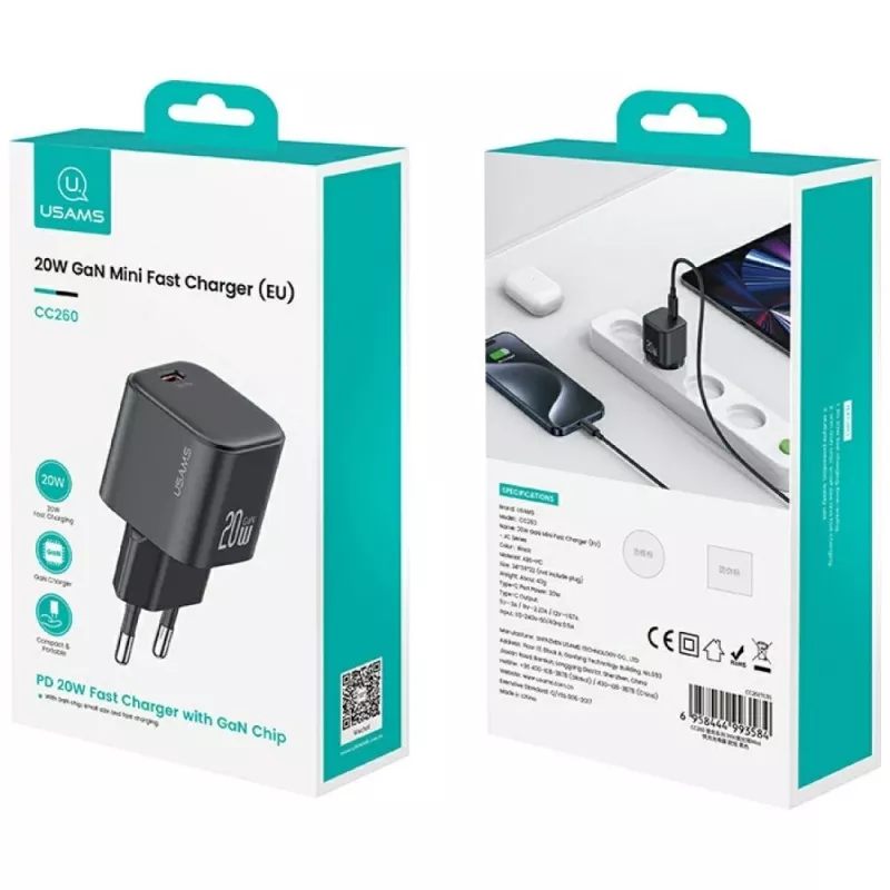 Ładowarka usams USA001627 20W 1×USB‑C z kablem USB‑C — szybka ładowarka do telefonów i tabletów