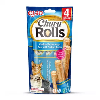 INABA Churu Rolls przepis z kurczakiem zawijane w przepis z tuńczykiem i przegrzebkami - przysmaki dla kota - 4x10 g