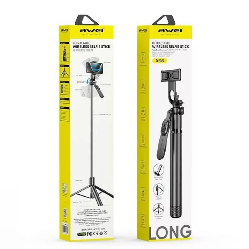 Selfie stick Awei X56 aluminium Czarny — rozsuwany uchwyt ręczny do smartfonów