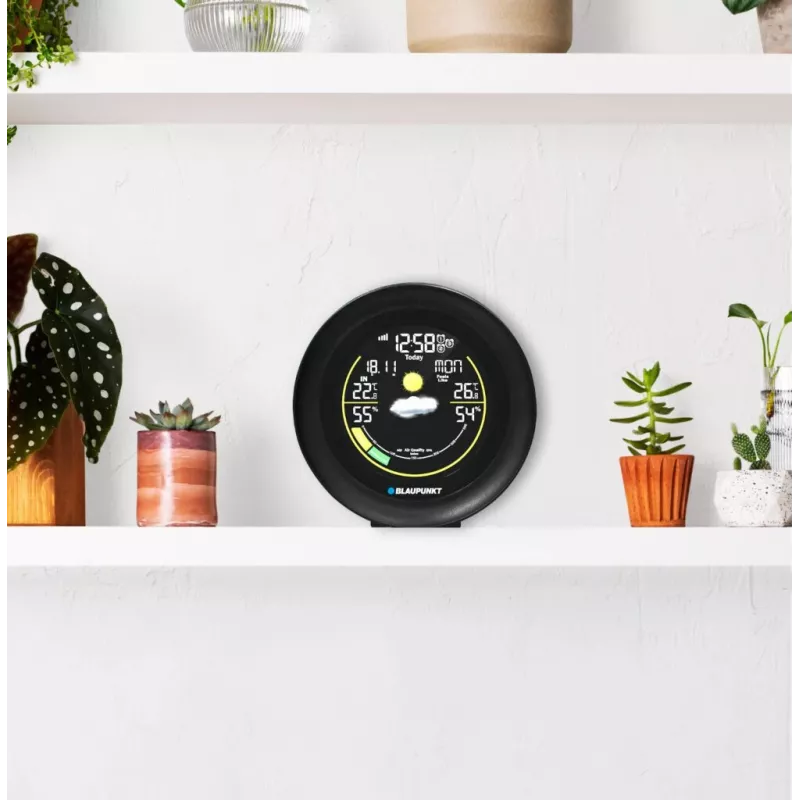 Stacja pogodowa BLAUPUNKT WS35BK APP — wyświetlacz LCD, temperatura i wilgotność, alarm, kalendarz, łączność z aplikacją, 94×94×27 mm