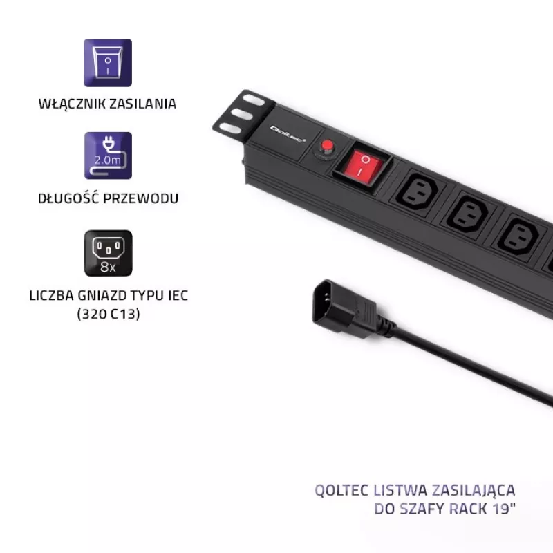 Qoltec 53998 Listwa zasilająca do RACK 19 | 1U | 10A | PDU | 8xIEC C13 | 2m