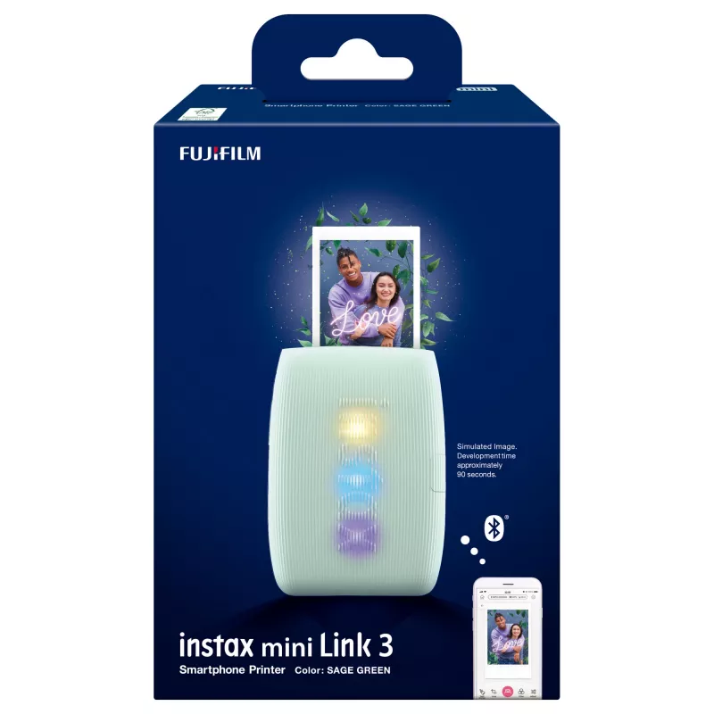 Natychmiastowa drukarka Fujifilm Instax Mini Link3 Sage zielony — 800×600 DPI, wydruki 6,2×4,6 cm, Bluetooth, 0,21 kg
