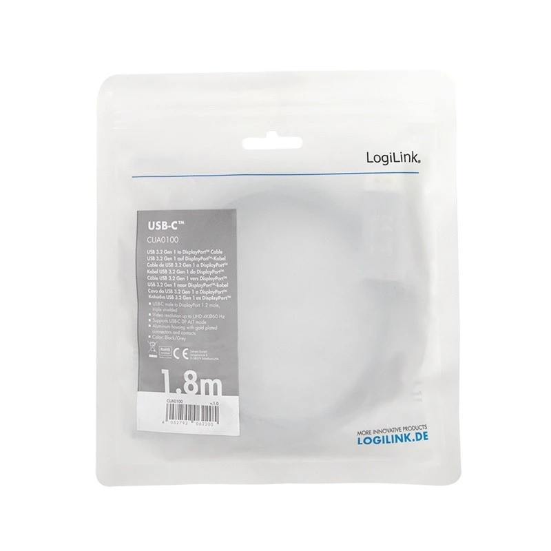 LogiLink CUA0100 Kabel przejściówka DisplayPort USB 3.2 Gen1 Type-C 1.8m Czarny Szary