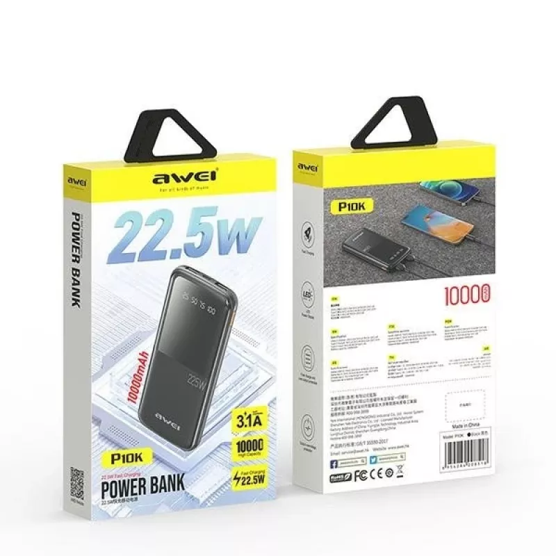 Awei PowerBank P10K 10000 mAh 22,5W Czarny/Czarny (10000mAh, 22W, 22,50Wh), Powerbank, Czarny