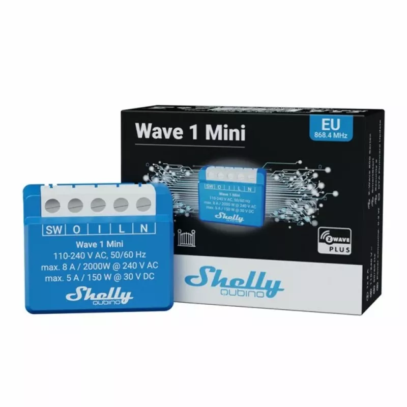 Inteligentny przekaźnik Shelly Qubino Wave 1 Mini bezprzewodowy 110–240V, 8A AC / 5A DC, 868,4 MHz, do użytku wewnętrznego, niebieski