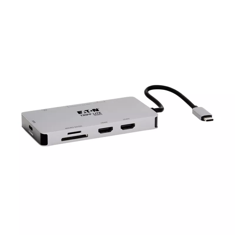Stacja dokująca Eaton Tripp Lite USB-C, podwójny wyświetlacz - 4K 60 Hz HDMI, USB 3.2 Gen 1, koncentrator USB-A, GbE, czytnik kart, ładowanie 100W PD, szary